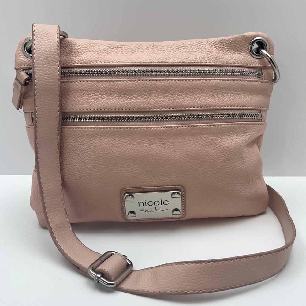 Nicole By NICOLE MILLER Leather Crossbody Handbag Three Zip Pockets Purse Pink